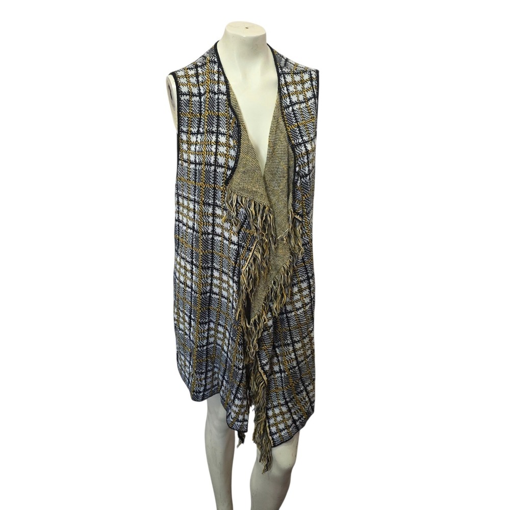 Ruby Rd XL Plaid Fringe Sweater Vest Open Front Duster Cardigan Boho Long Knit